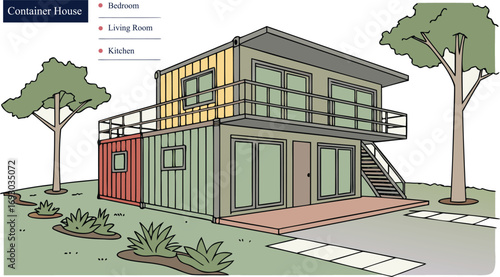 Modern Shipping Container House, Sustainable Eco-Friendly Modular Living Home Made from Cargo Containers, Vector Illustration, 3D Images