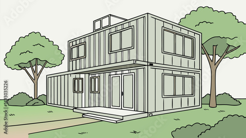 Modern Shipping Container House, Sustainable Eco-Friendly Modular Living Home Made from Cargo Containers, Vector Illustration, 3D Images