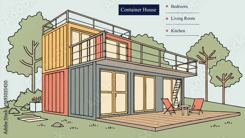 Modern Shipping Container House, Sustainable Eco-Friendly Modular Living Home Made from Cargo Containers, Vector Illustration, 3D Images
