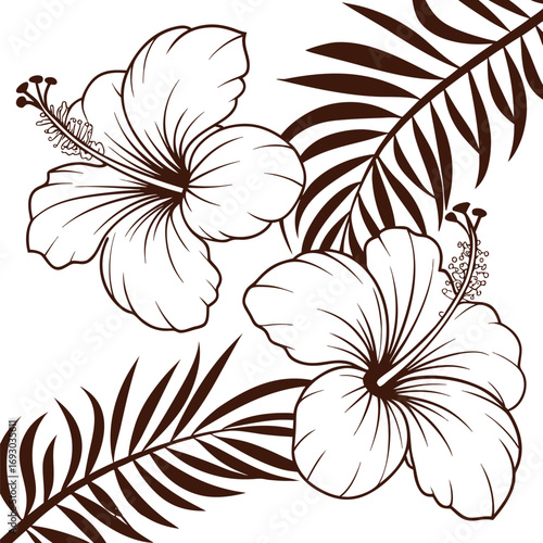 Tropical hibiscus flowers with palm leaves, elegant botanical line art illustration perfect for textile, wallpaper, decoration, tattoo, fabric design, and exotic floral artwork.
