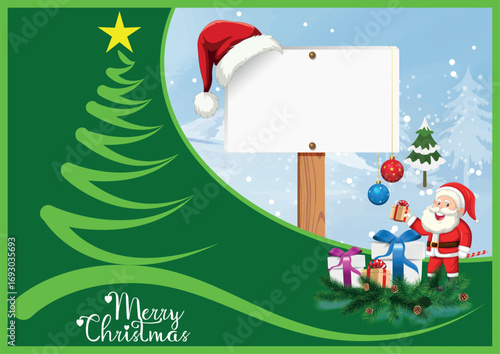 Christmas Sign, Blank Christmas winter sign, An illustration of a Christmas post template. snow flakes Christmas baubles, Featuring a Santa's hat. Vector File. Santa Claus nice list with Santa hat.
