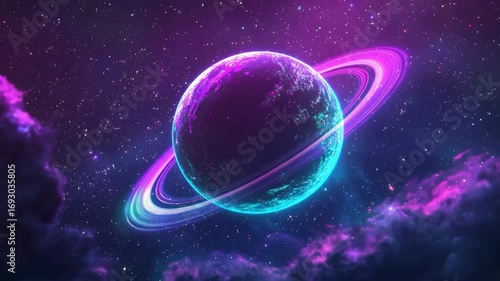 Glowing neon planet with rings in deep space fantasy scene