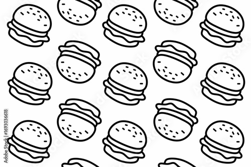 Burger doodles seamless pattern. Isolated food design perfect for fast food packaging, decorative elements of kitchenware, wallpaper for restaurant. Cartoon style illustration set