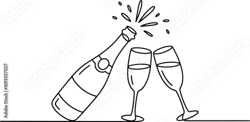 Champagne bottle popping with two glasses clinking celebrating festive occasion hand drawn style