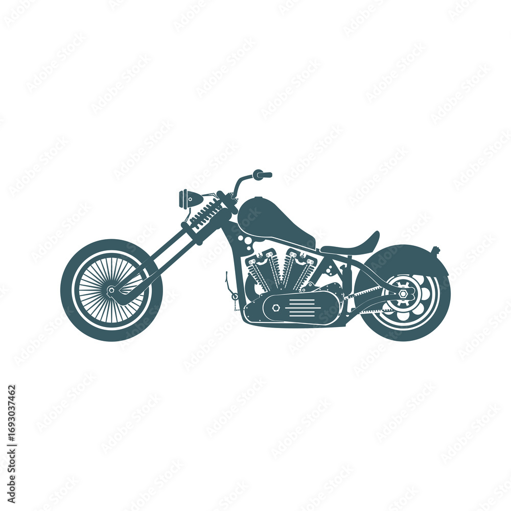 Obraz premium Powerful custom motorcycle silhouette showcasing intricate engine details and classic chopper design, perfect for automotive enthusiasts and lifestyle brands.