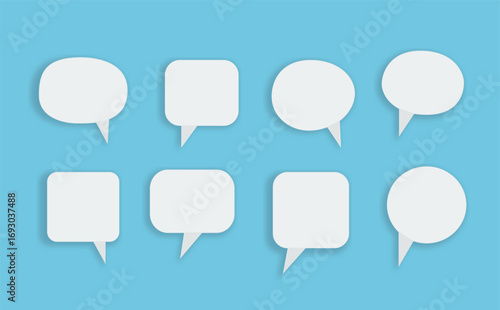 3D white speech bubble icon set on a light blue background stock illustration	