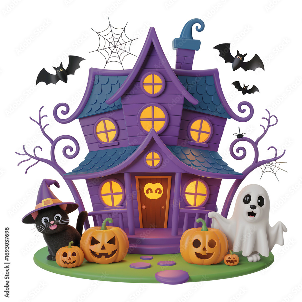 Fototapeta premium Spooky Halloween Night Haunted House Pumpkin Illustration PNG
