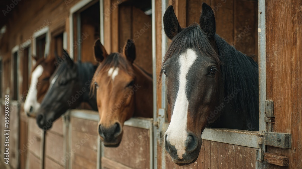 Fototapeta premium Equines in Their Shelter: Rustic Barn Scene Featuring Horses and a Classic Farm Door