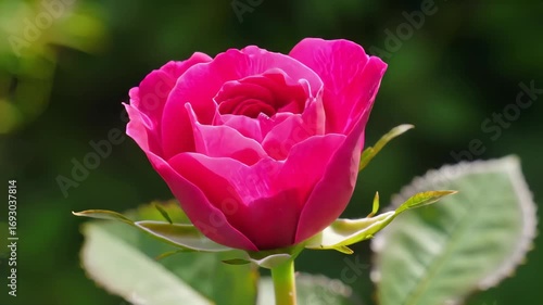 Wallpaper Mural Close Up of a Vibrant Pink Rose Unfolding its Petals in Natural Light Against a Green Background Torontodigital.ca