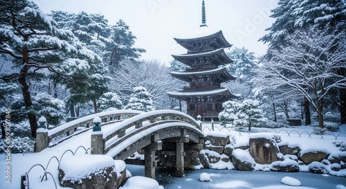 Japanese Pagoda and Bridge in Winter Snowfall
