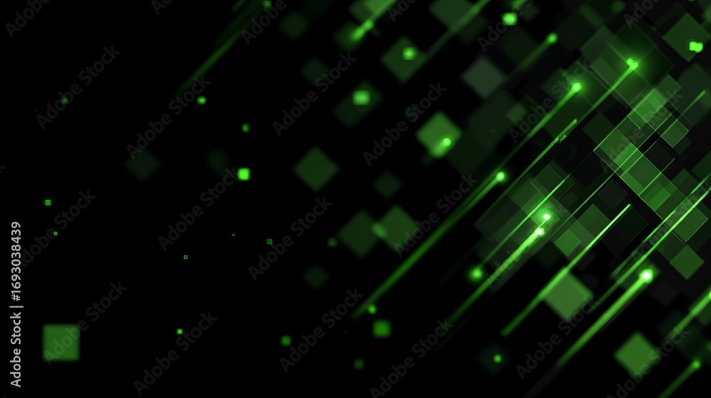 Obraz premium Green glowing squares and lines moving on black background