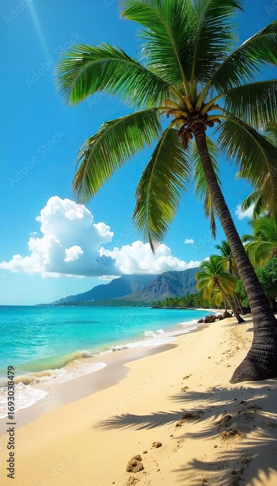 Fototapeta premium Golden sand, turquoise water, lush palm trees swaying gently in the Hawaiian breeze A postcard-perfect scene of paradise on a tranquil beach , sun, turquoise, shore birds