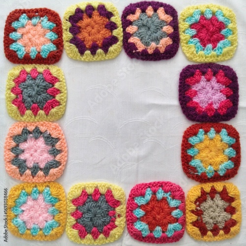 brown hands crocheting colorful yarn. multicolor yarn wool textured pattern for crochet. crochet yarn colorful squares with yarn ball and cutter. household wife doing crochet with yarn with her hands.