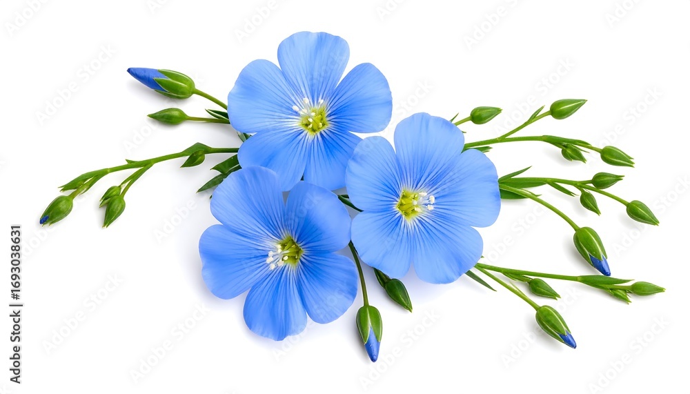 Fototapeta premium Vibrant blue flax flowers arranged on a white background