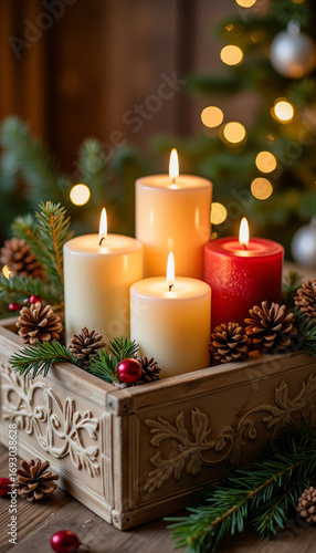 Festive candles in decorative box with pine cones and greenery  