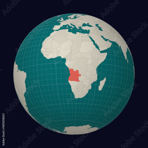 Angola on the map. Globe centered to Angola. Country location on the world map. Teal Pale Mint color palette. Globe with countries, meridians and parallels. Charming vector illustration.