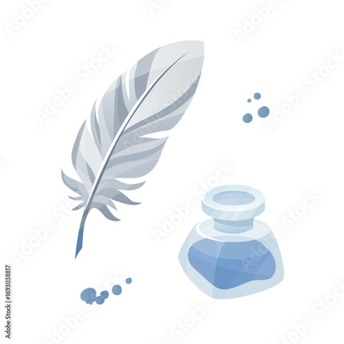 Quill pen and glass inkpot. Goose feather pen for calligraphy with a bottle of blue ink and blots. Antique stationery for poetry writer profession. Literature symbols. Hand drawn vector illustration.