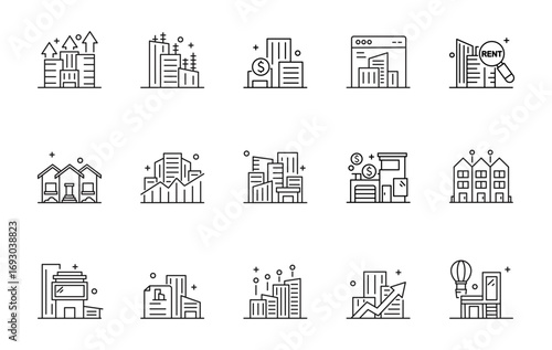 Set of Real Estate and Property icon, Buildings, office buildings and houses, trading Symbol Outline icon Editable Stroke