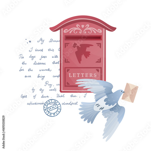 Handwriting letter, vintage mailbox, homing pigeon with an envelope. Romantic composition on a postal theme. Hand drawn vector illustration for World Post Day, greeting card, vintage mail design.