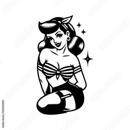 Glamorous retro pin-up girl with sparkling eyes and vintage swimsuit captures playful allure for stylish projects