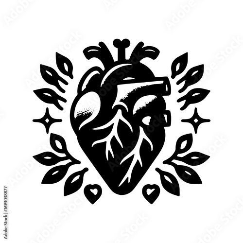 Stylized black anatomical heart embraced by leafy branches and starbursts, symbolizing vitality and well-being.