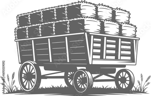 Detailed Hay Wagon Silhouette Vector Illustration with Wheat Stalks on Transparent Background Depicting Farm Life and Autumnal Harvest in Black and White