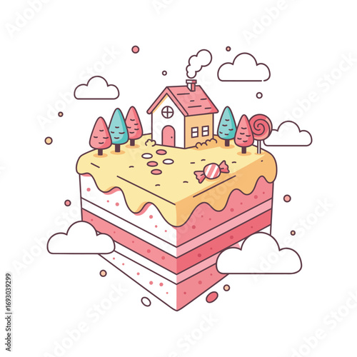 Cute Cartoon House on a Floating Cake Island Sweet Candyland Illustration
