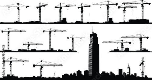 Construction cranes working in city skyline silhouette, urban development progress, tower building under construction, architectural engineering project silhouettes