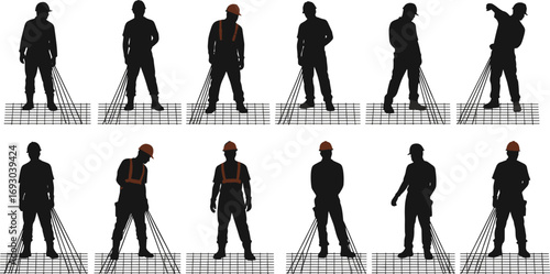 Construction worker silhouettes with safety helmets and harnesses, working on steel rebar framework, industrial labor, construction site, safety equipment, building structure