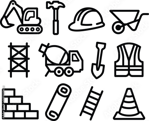 Construction icons representing tools equipment and safety gear