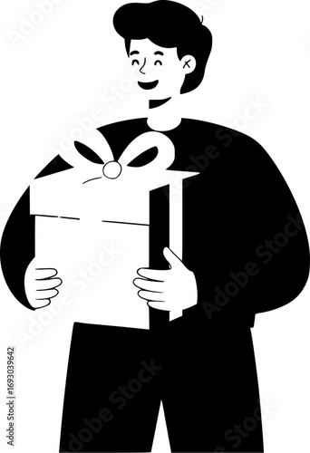 A man holding a gift box, with a smile on his face, exuding a sense of anticipation and joy