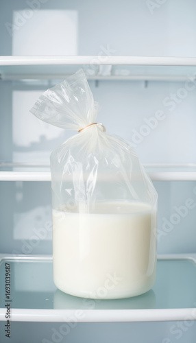 Milk in plastic bag on shelf inside refrigerator  