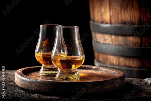 Elegant Glencairn Whisky Glasses on Rustic Wooden Tray with Whisky Barrel in Dim Light