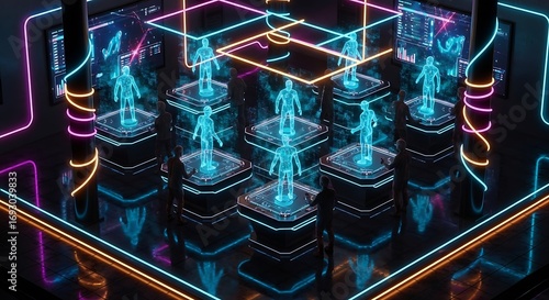 Metaverse Human Data Analysis in Futuristic Neon Cyberpunk Environment