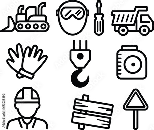 Construction and safety icons representing tools and equipment in outline style