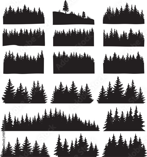 Silhouette of Forest of Christmas fir trees vector icon set illustration isolated on white background