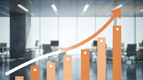 Rising Orange Bar Chart with Upward Arrow in Modern Open Office Space with Desks Chairs and Computers