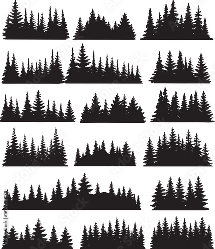 Seamless silhouette forest landscape with multiple rows of pine trees