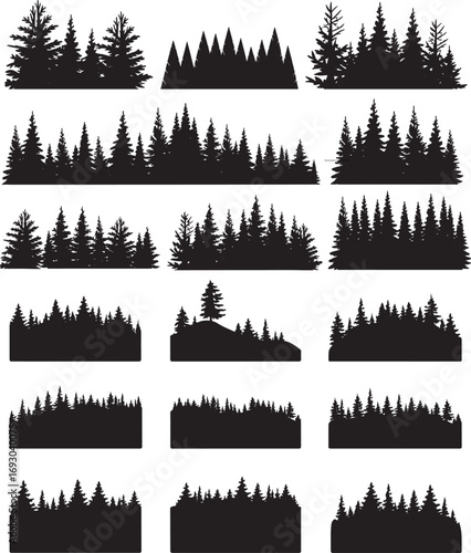 Seamless silhouette forest landscape with multiple rows of pine trees