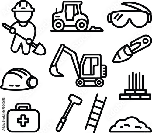 Construction worker safety gear and tools icons for building projects