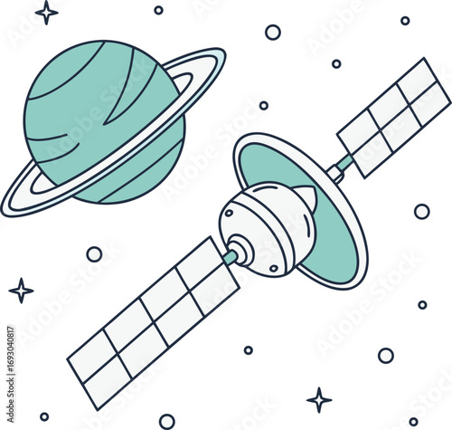 Minimalist satellite orbits distant ringed planet through starry cosmos