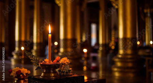 A candle flame illuminates a golden altar decorated with flowers in a temple with golden pillars