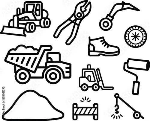Collection of construction equipment and tools illustrated in black and white