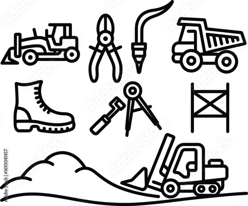 Construction site equipment and tools illustrated in simple black line art