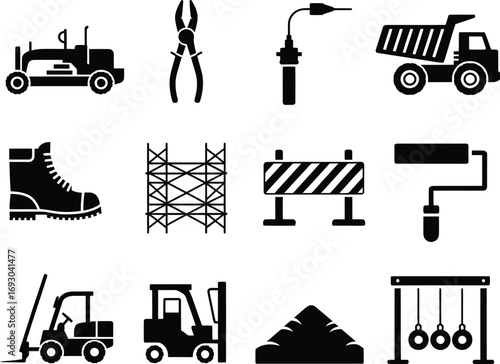 Collection of construction and industrial equipment icons in black silhouette