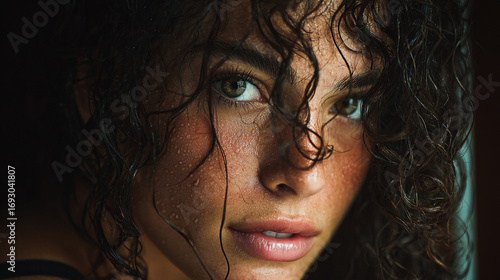 Close up portrait of a woman with wet curly hair and glistening skin looking at the camera intently