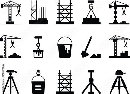 Collection of construction site equipment and tools in black silhouette icons