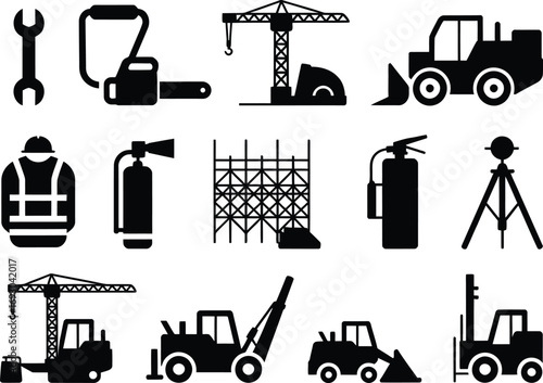 Construction site equipment and safety gear icons for industry projects