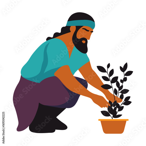 Man with beard and bandana carefully plants small tree in pot embodying growth, care, and nature's beauty with vibrant colors