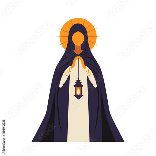 Mystical figure holding lantern with halo radiating, a symbol of hope, spirituality, and enlightenment